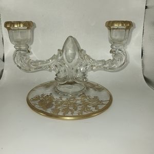 Vintage NEW MARTINSVILLE CITY GLASS Candlestick Candleabra Gold Flower Overlay 1